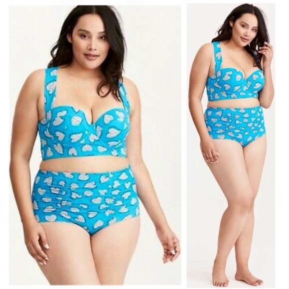 TORRID Heart Print 70s Style High Rise Coverage Tammy Bikini Beach Blue Size 1X - Picture 13 of 14